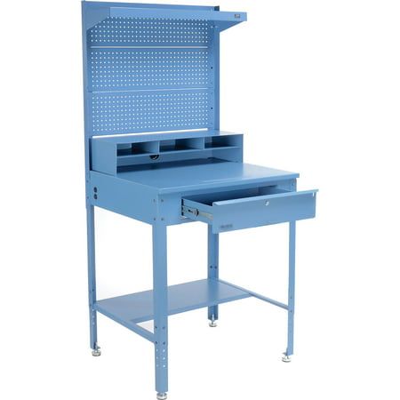 34-1/2"w x 30"d x 38"h Shop Desk with Pigeonhole Riser, Pegboard, Top Shelf, Flat Surface, Blue, Size:30"Large x 34.5 inchW