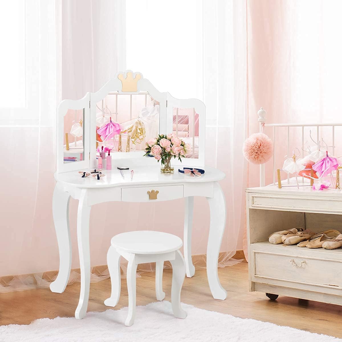 HONEY JOY Kids Vanity, Crown Themed Toddler Dressing Makeup