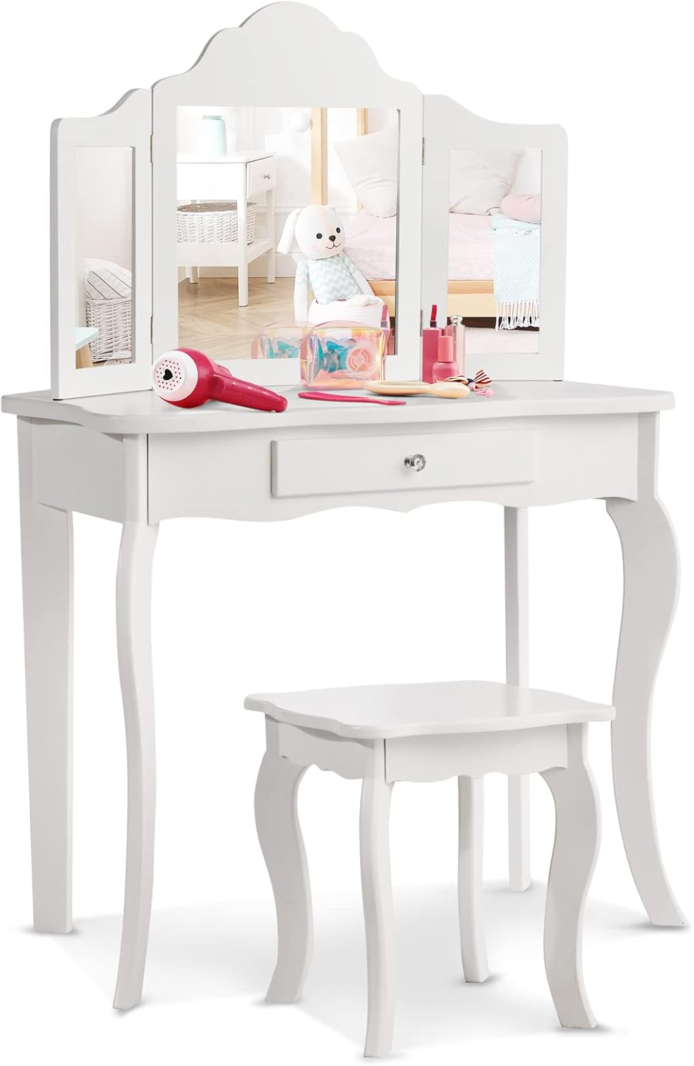 HONEY JOY Kids Vanity Set with Mirror, in Wooden Toddler