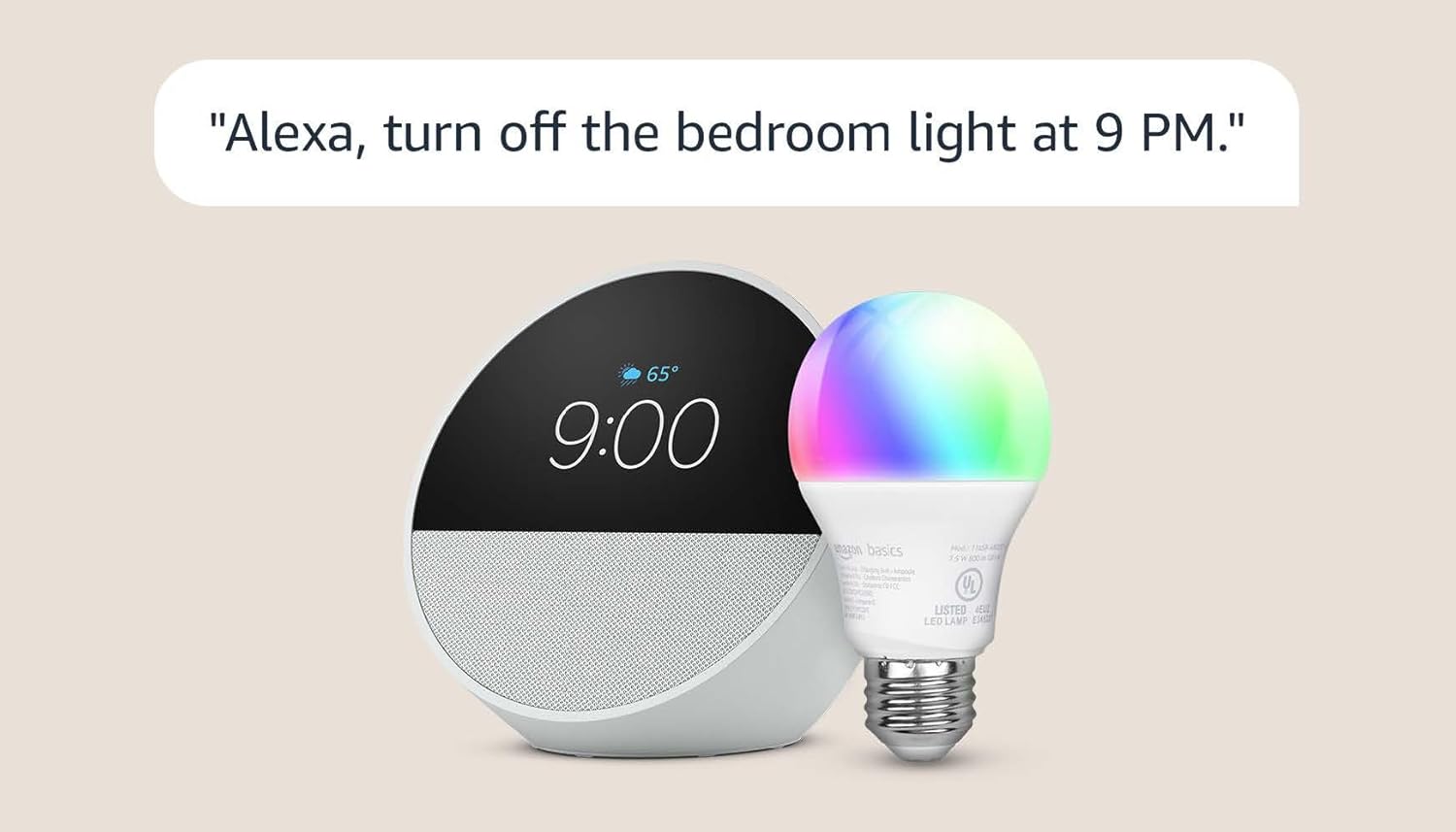 Echo Spot with Amazon Basics Smart Color Bulb