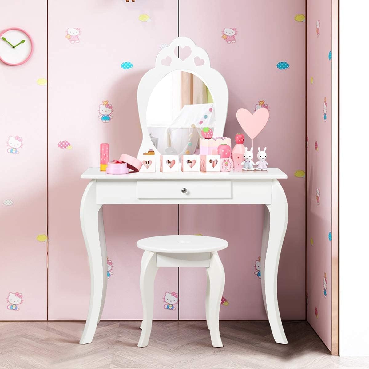 HONEY JOY Kids Vanity Set with Mirror, Toddler Wooden Vanity