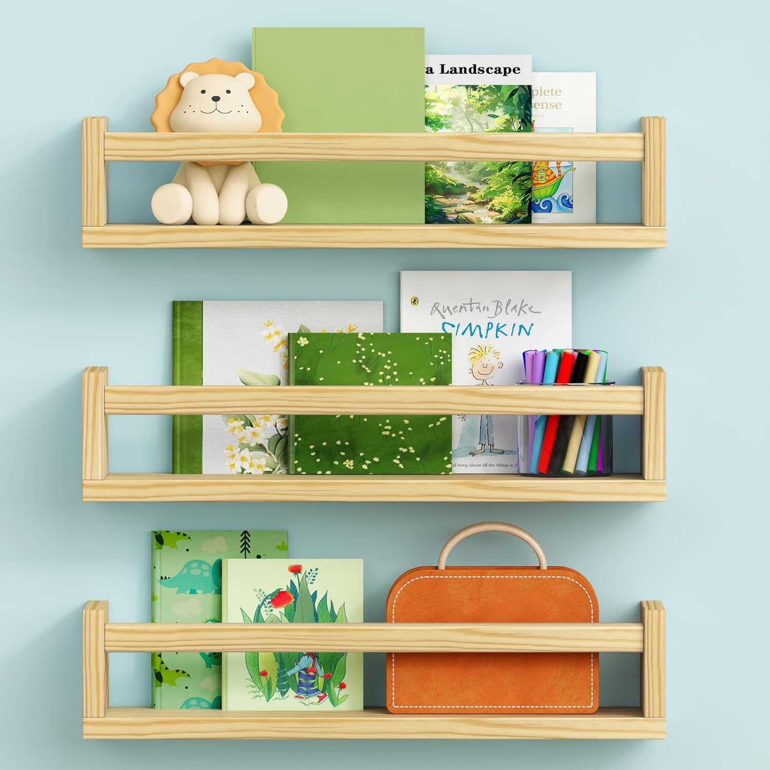 Floating Nursery Book Shelves for Wall, Natural Wood Wall Bo