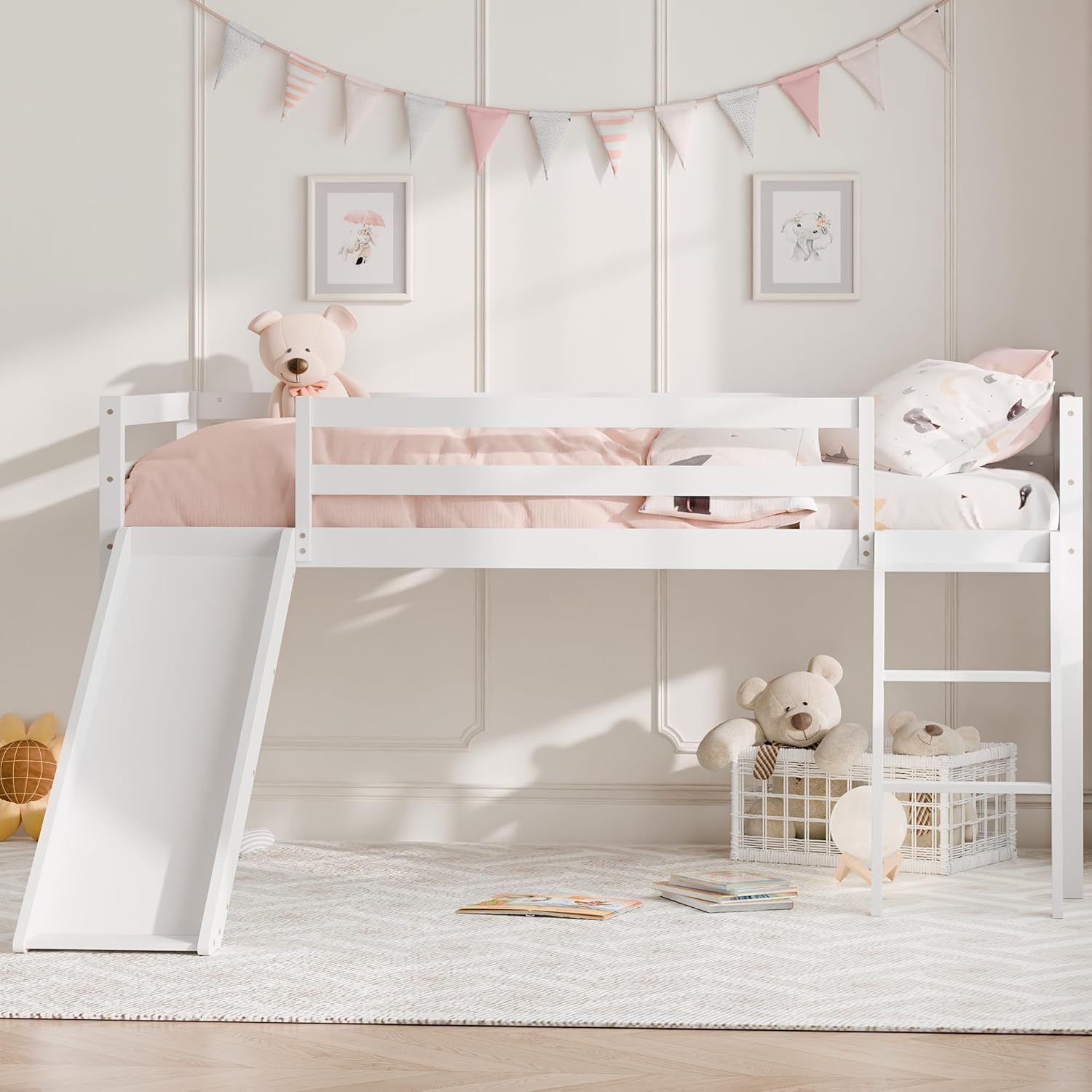 MU Twin Loft Bed with Slide, Wood Low Loft Bed