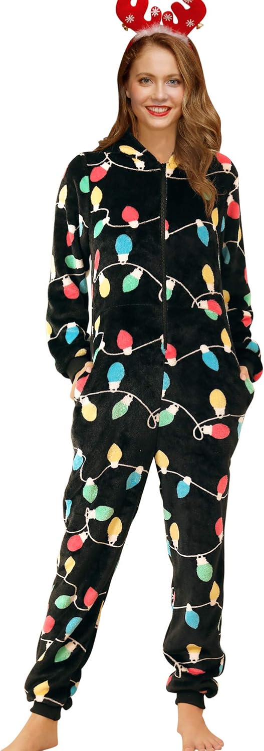 Spadehill Christmas Women One Piece Hooded Fleece Pajamas