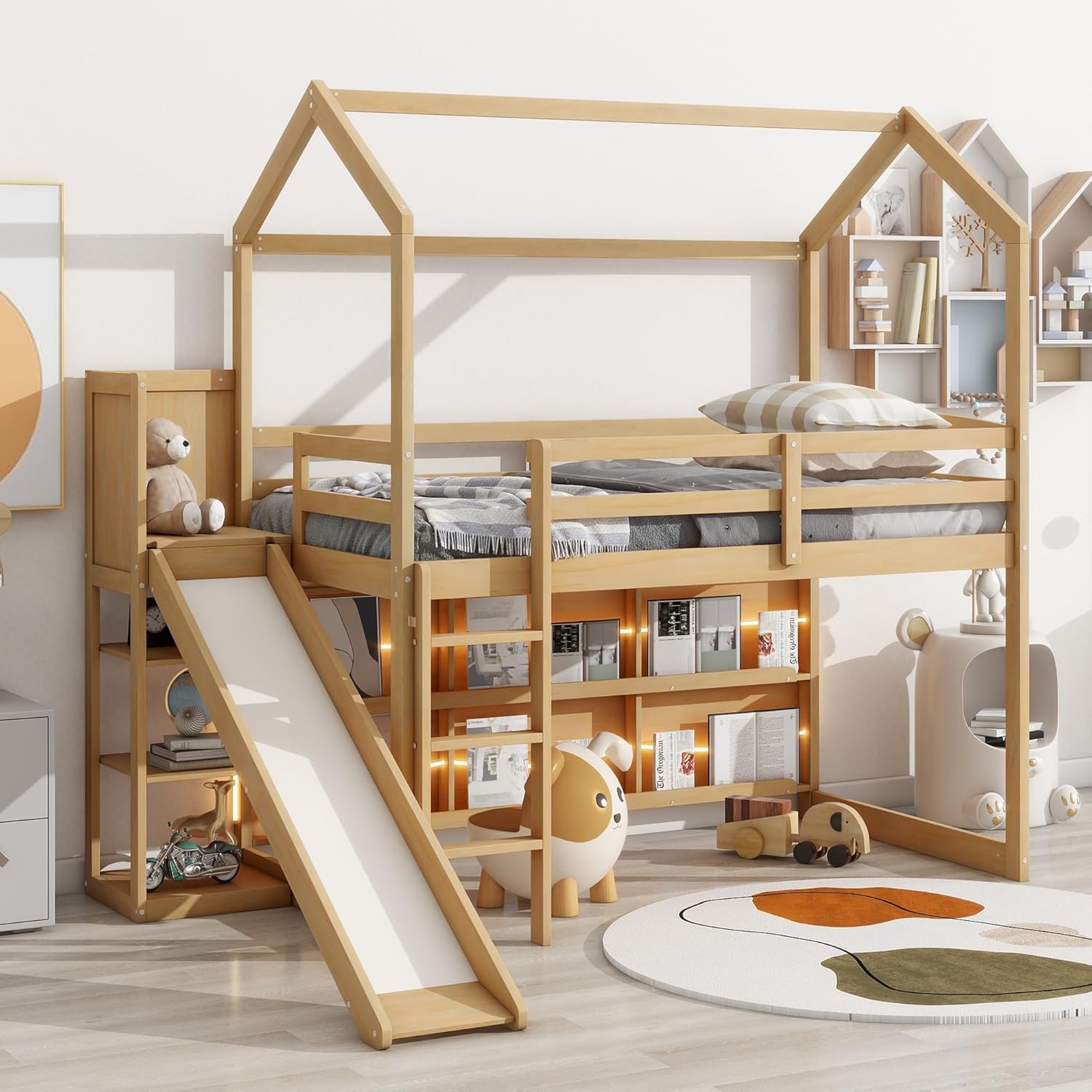 Twin Size Wood House Loft Bed with Slide, Storage Shelves