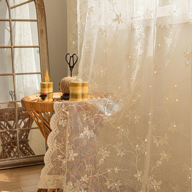 Ivory Lace Curtains Scalloped Edges, Pearls Décor Floral E