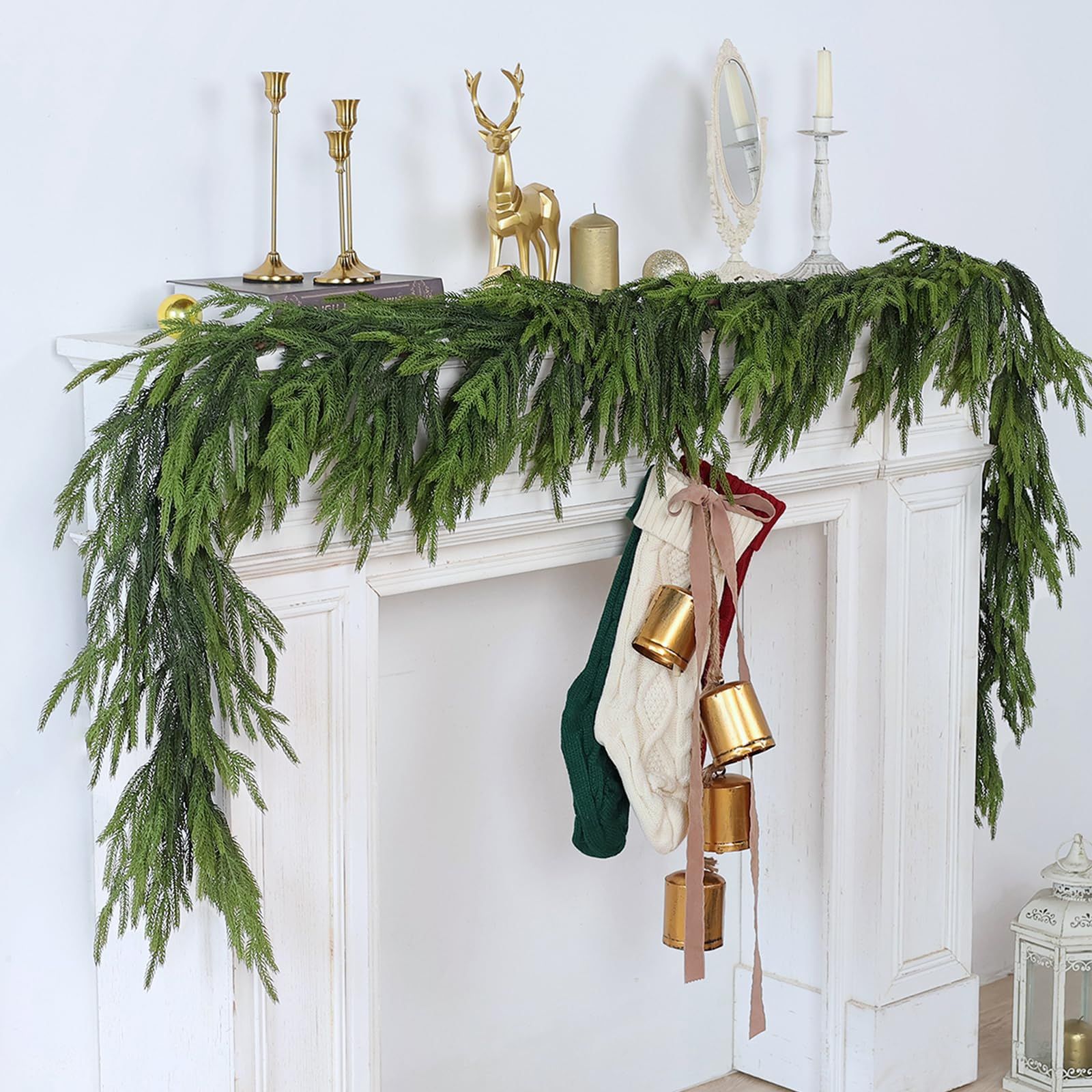 9FT Real Touch Norfolk Pine Garland - Artificial Christmas Garland Green Long Faux Pine Garland for Holiday Window Fireplace Mantle Indoor Outdoor Decor