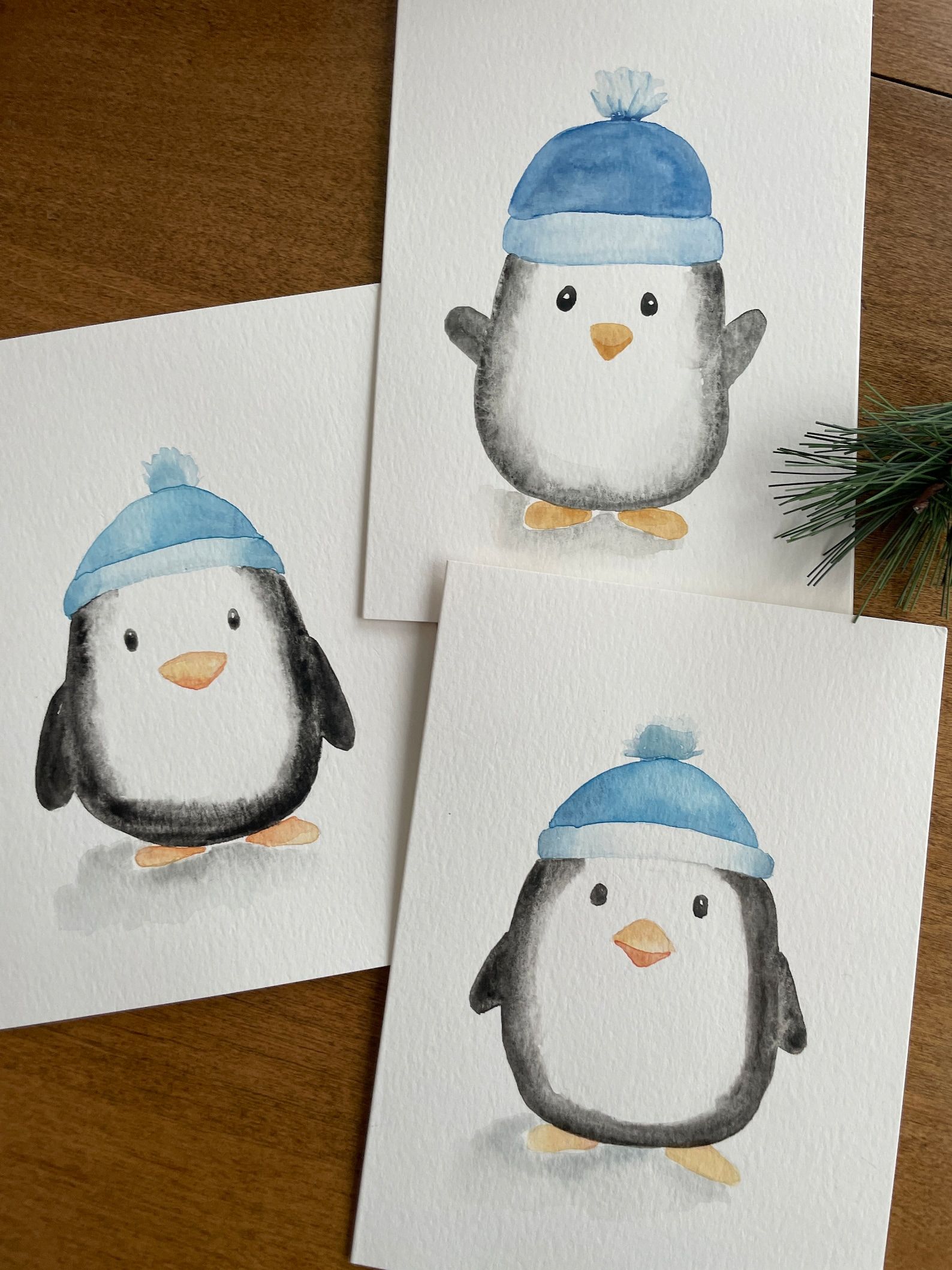 Adorable Winter Penguin Watercolor Card - 5x7 Blank, Hand Painted Holiday & Christmas Card with White Envelope