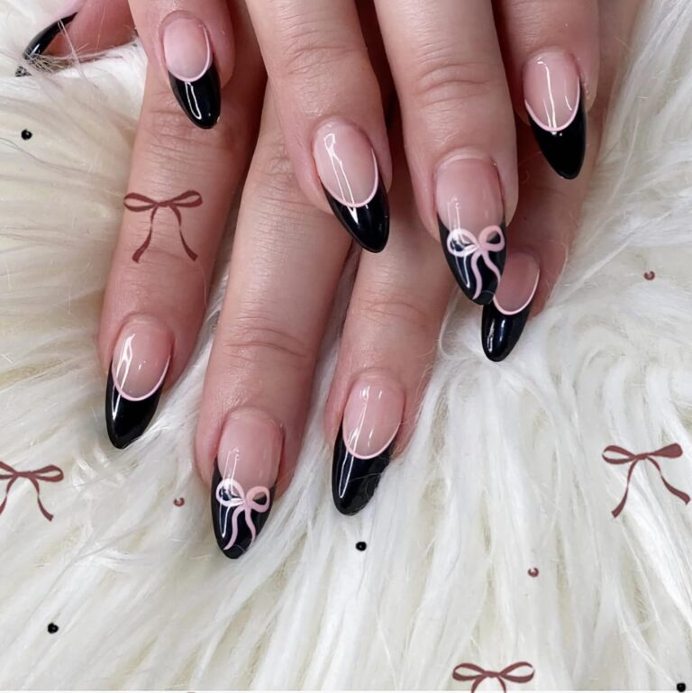 BABALAL Black Press on Nails Medium Almond Fake Nails French Tip Glue on Nails Bow Design Goth Acrylic Nails Matte Halloween False Nails 24pcs Almond Manicure Gel Nails