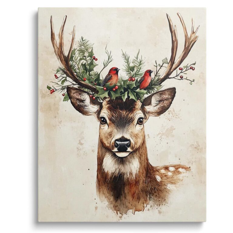 B.B.F MAKE Christmas Canvas Wall Art, Vintage Reindeer Oil Painting – Rustic Poster Prints for Home Decor, Watercolor Style Holiday Artwork for Living Room Fireplace Office, 16x20inch Framed