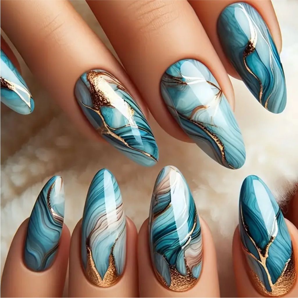 Blue & Gold Hippie Almond Shaped Press On Nail Set Nwt | Color: Blue/Gold | Size: Os