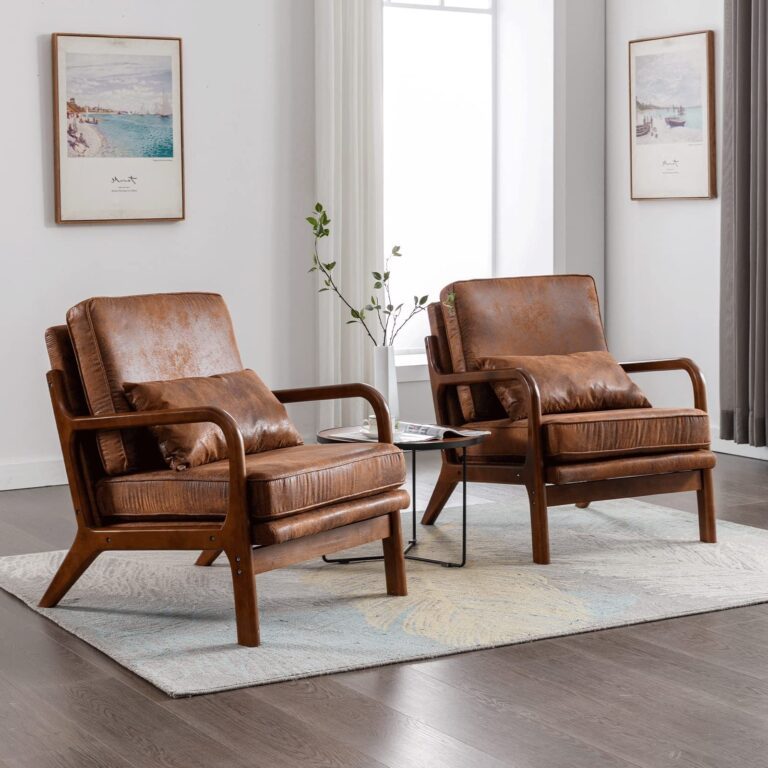 Brown Leather Accent Chairs Set of 2, Mid Century Modern Living Room Chairs Sillas De Sala Solid Ruberwood Arm Chair for Livingroom, Bedroom, Office Comfy Reading Lounge Decorative Side Sitting Chair