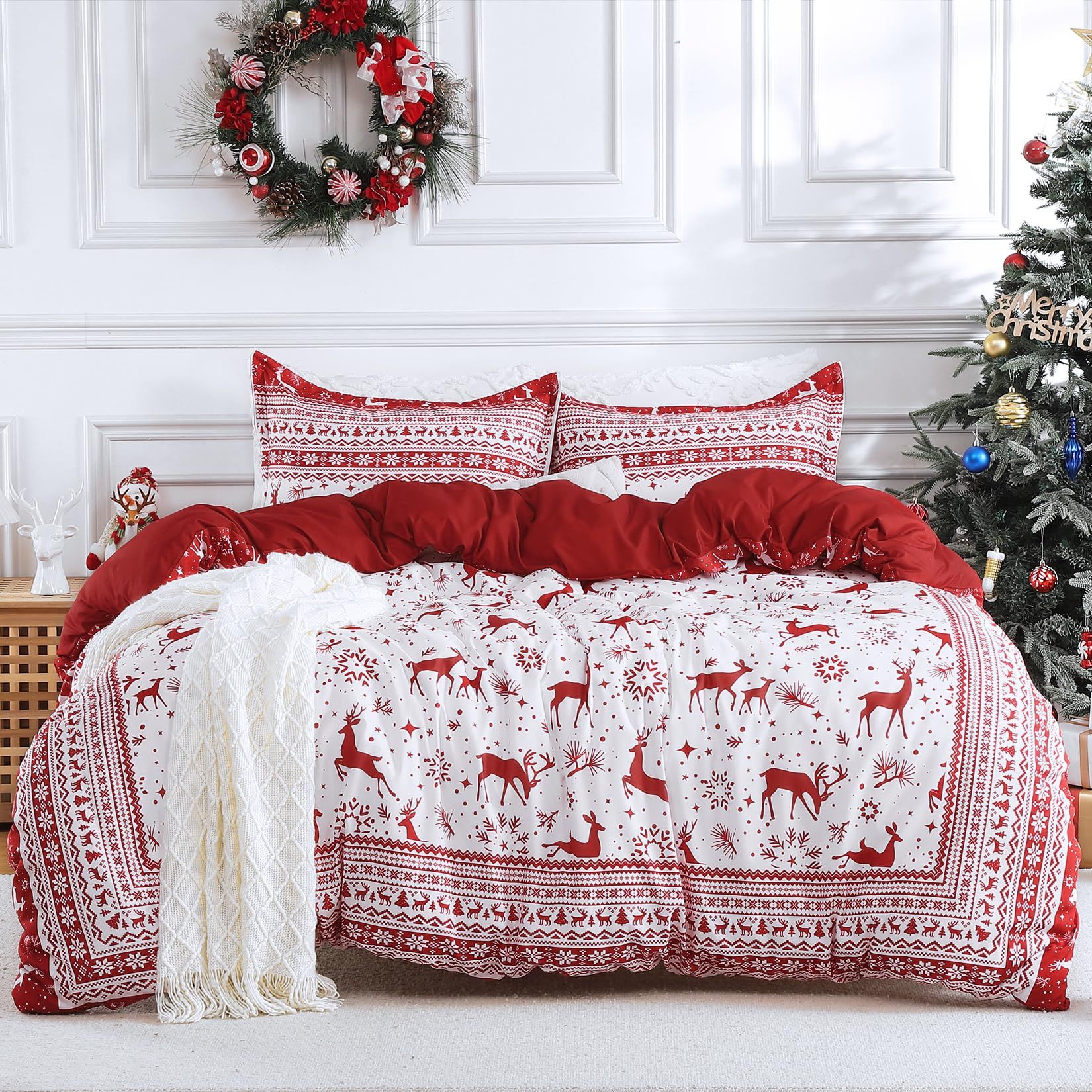 CAROMIO Christmas Duvet Cover King, Reversible Printed Comforter Cover Set Christmas Holiday Decorative Bedding, Soft Microfiber Red Duvet + 2 Pillow Shams (Boho Christmas Reindeer, King)