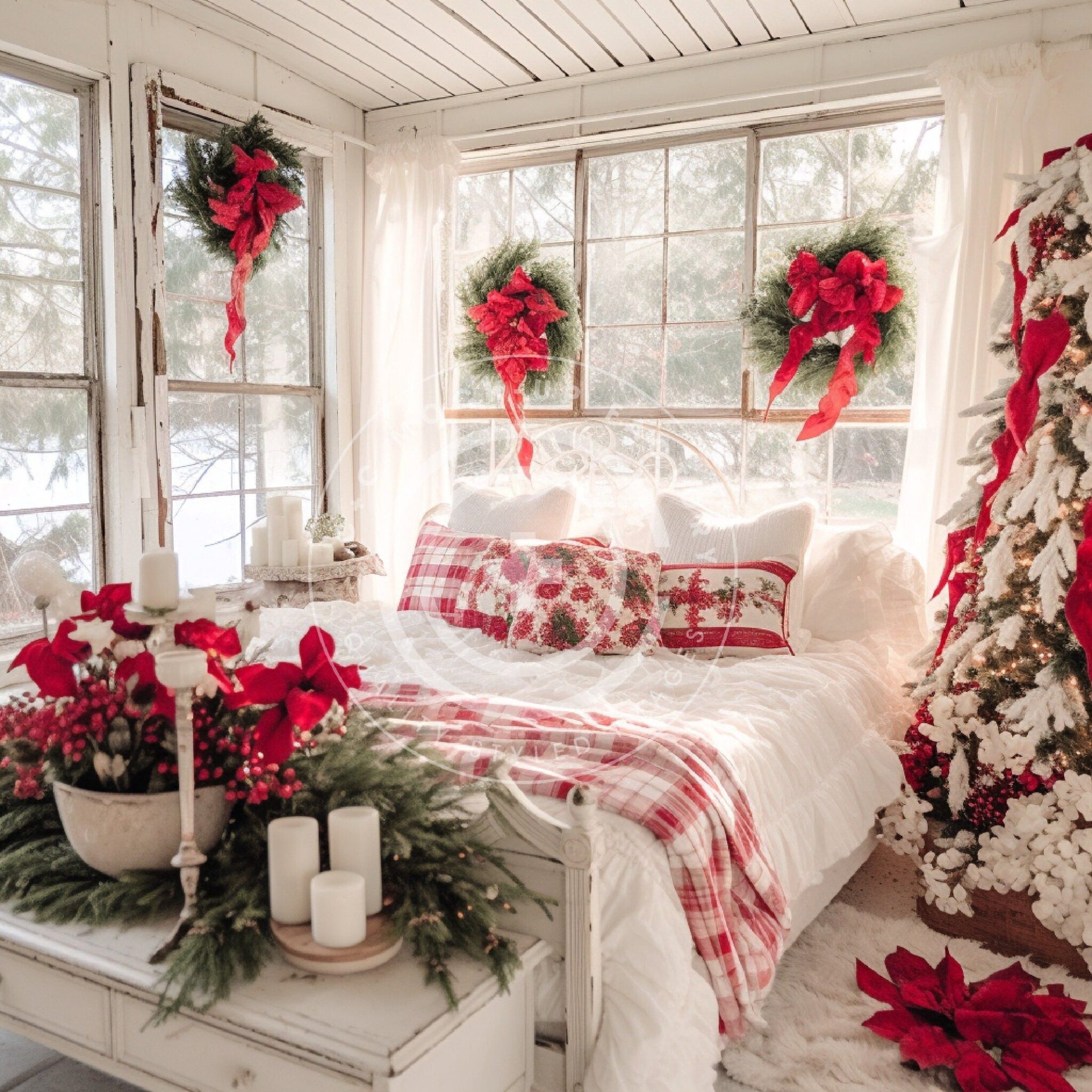 Christmas Bedroom Stock Photo Mockup Image - French Country Christmas Cottage Aesthetic, Holiday Home Decor Mockup, Holiday Bedroom Mockup