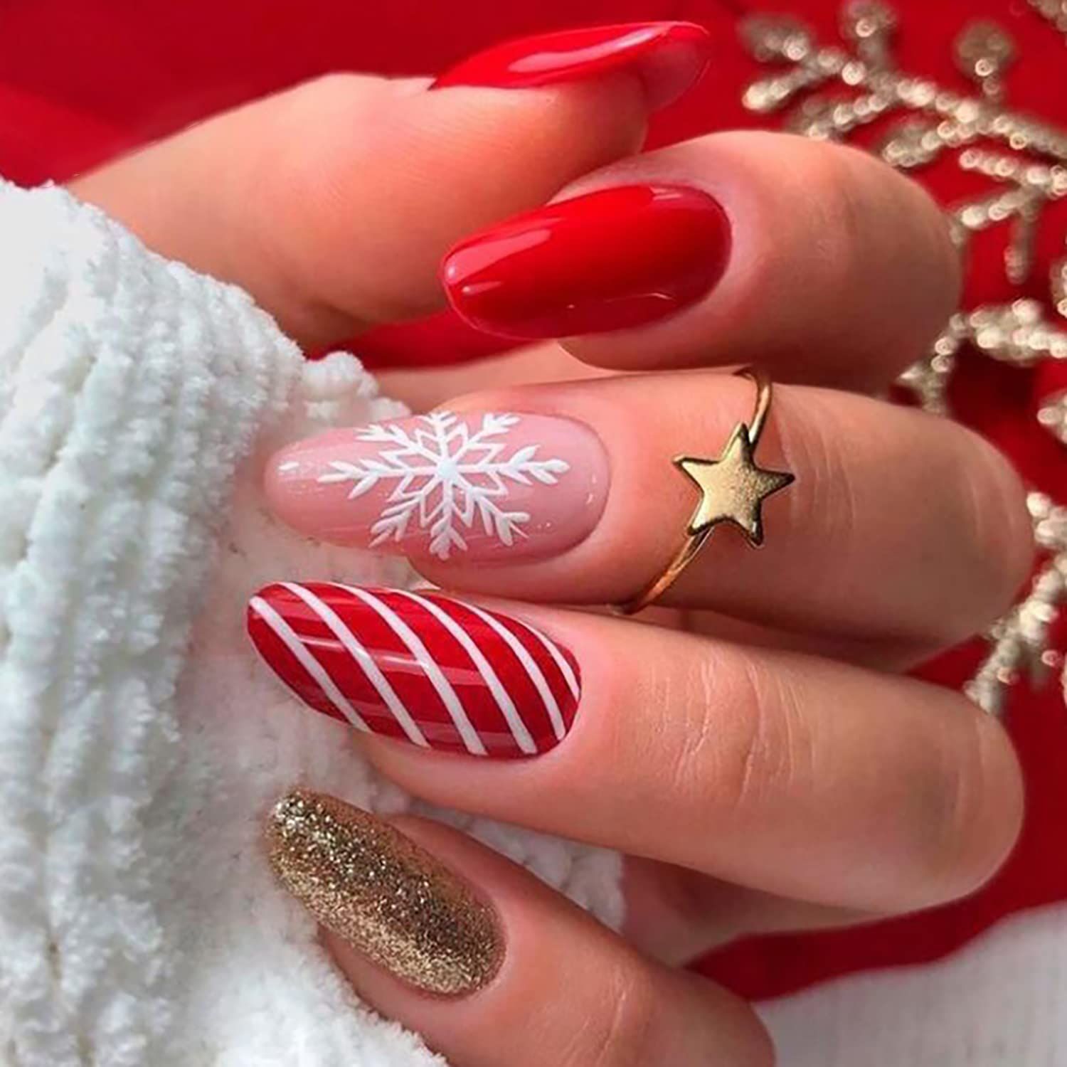 Christmas Press on Nails Medium Almond Snowflake Fake Nails Red Full Cover Acrylic Nails with Glitters Design Artificial Nails Xmas False Nails Stick on Nails for Women and Girls