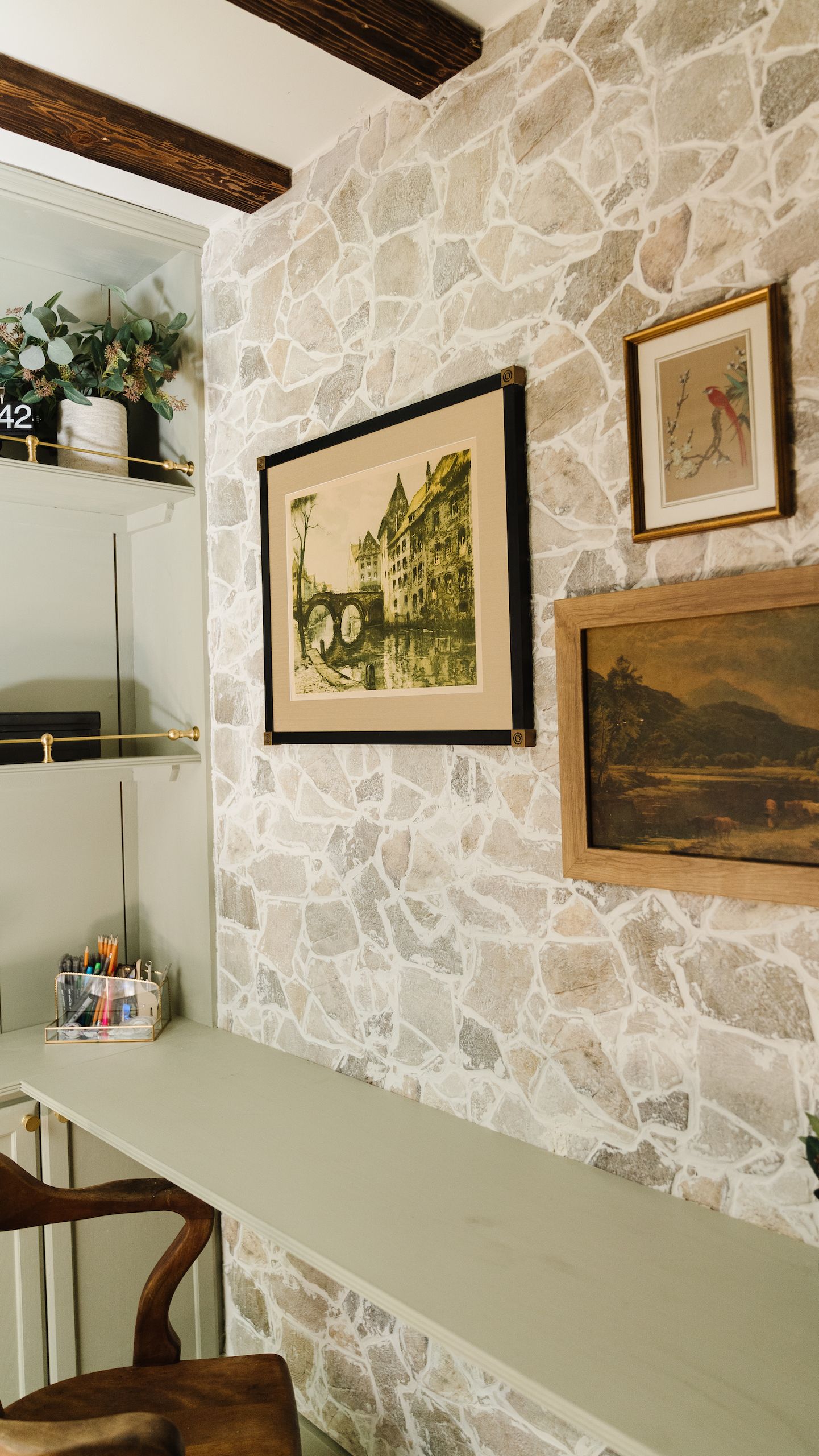 Closet Office Makeover with Faux Stone wall - The Honest Home