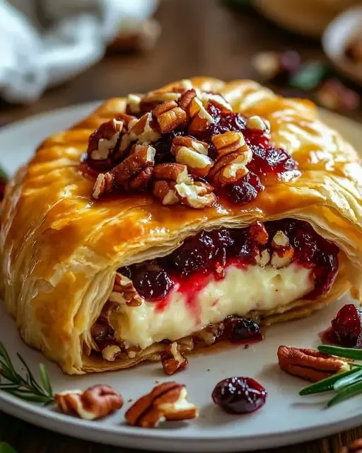 Cranberry Pecan Brie Wrapped in Flaky Puff Pastry