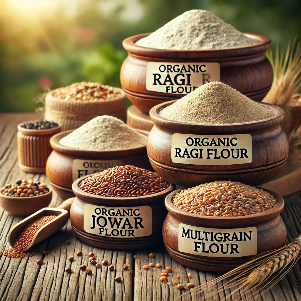 Discover the Benefits of Organic Flours A Healthier Choice for A visually appealing arrangement of organic flours in labeled containers webp