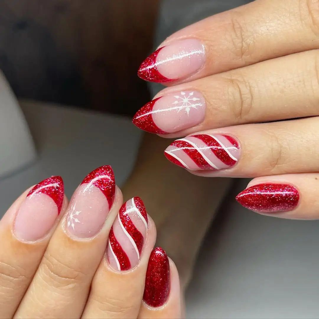 Handmade Candy Cane Snowflake Christmas Press on Nails - Glitter Red Fingernails - Long Coffin / S (16mm-13mm-14mm-12mm-9mm)