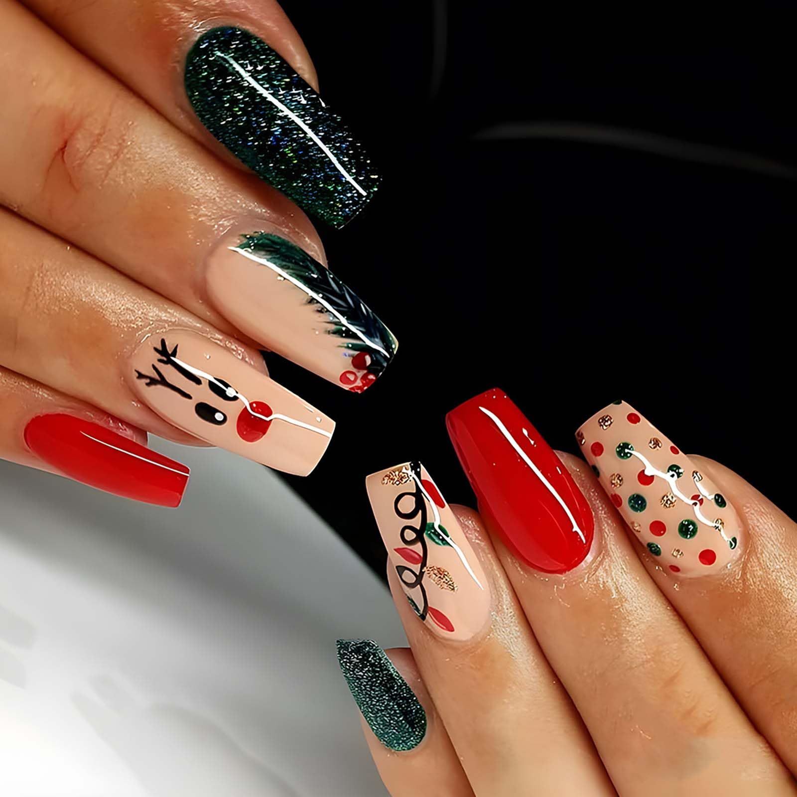 QQPPOLIU Press on Nails,Christmas Press on Nails Coffin Fake Nails Long False Nails with Designs Nails Press on Acrylic Nails Red and Green Press on Nails