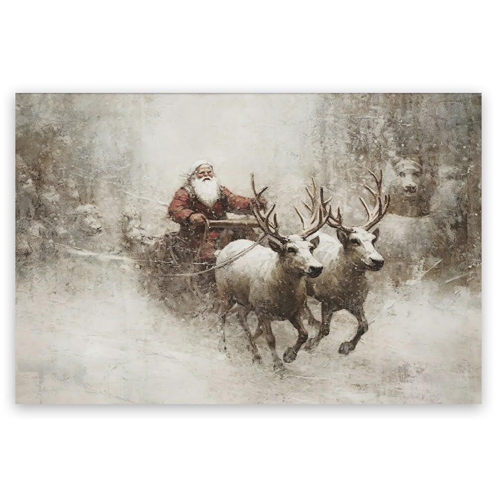 Retro Father Christmas on Sleigh Poster Home Decor Christmas Posters Canvas Picture Print Vintage Winter Wall Art Gallery Living Room Aesthetic 12x18inch- Unframed