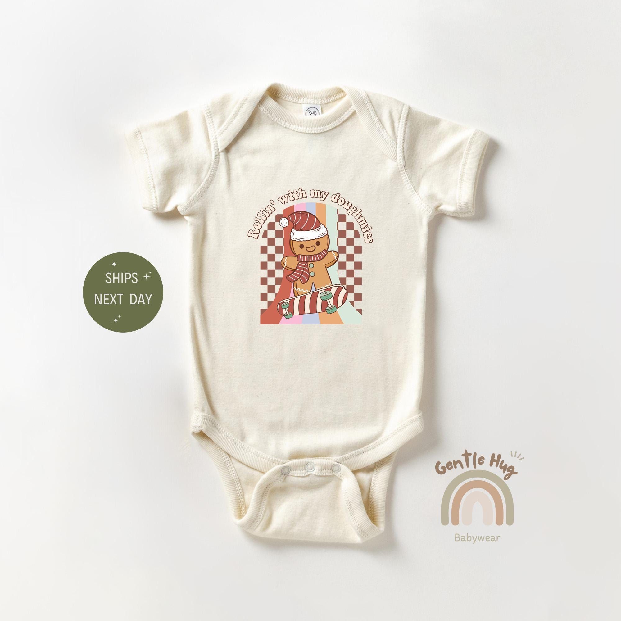 Rolling With My Doughmies Baby Onesie®, Retro Christmas Party Baby Bodysuit, Newborn Christmas Gift Clothing, Gingerbread Christmas Onesie®