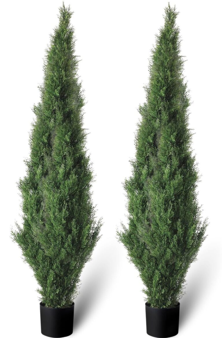 Set of 2 Pre-Potted 5 Feet Faux Cedar Tree, Lifelike UV Protected Front Door Decor, Porch, Garden, Entryway Topiary, Indoor/Outdoor Use - Ready to Display