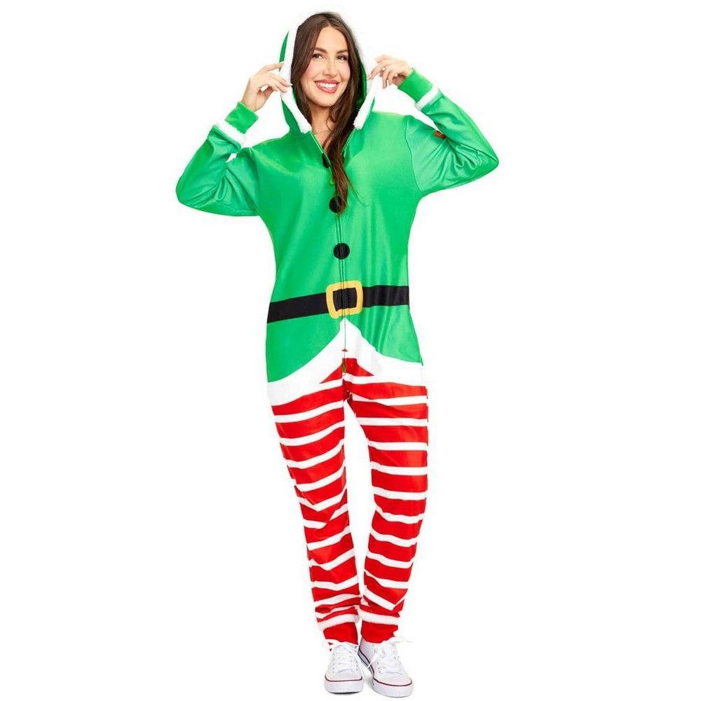 Tipsy Elves Women's Elf Jumpsuit - Festive Green One-Piece Christmas Elf Pajamas for Women X Large