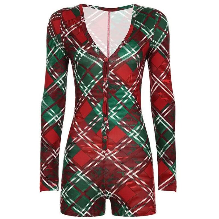 V neck long sleeve plaid button romper - Red / L