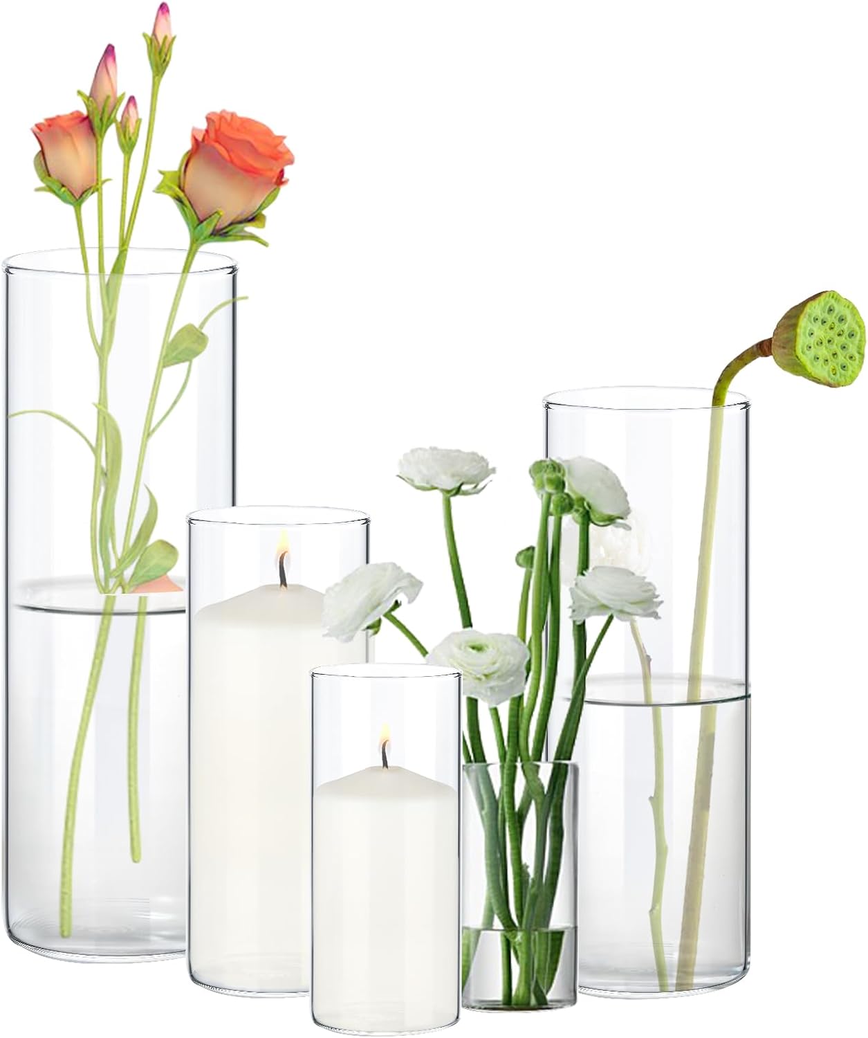 Pack Cylinder Vases Set, Clear Glass Vases for Centerpiece