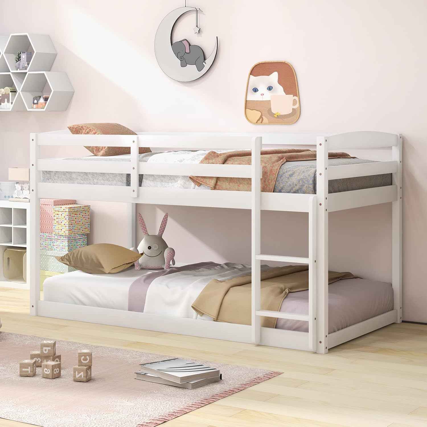 Giantex Twin Low Bunk Bed, Solid Wood Twin Over Twin