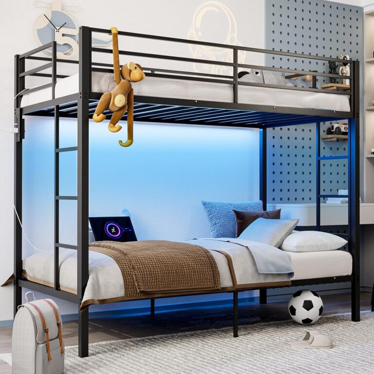 IKIFLY Twin Over Twin Bunk Bed with LED Lights and