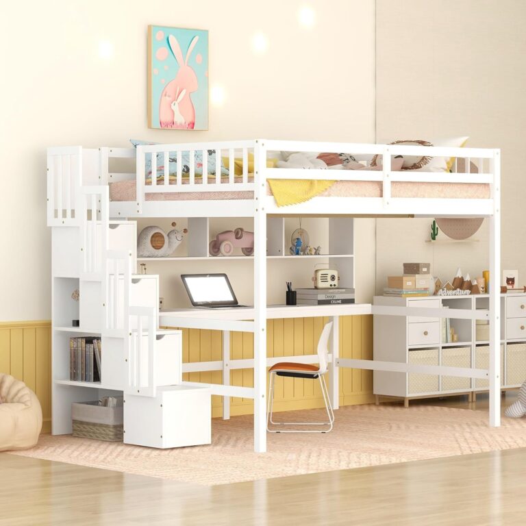 Bellemave Full Size Loft Bed with Desk and Storage Shelves,W