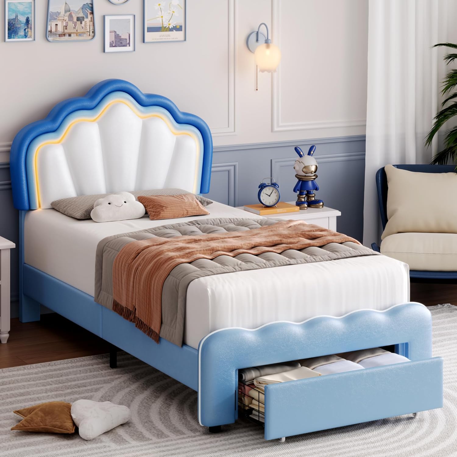 HOSTACK Twin Upholstered LED Bed Frame with Storage Drawers,