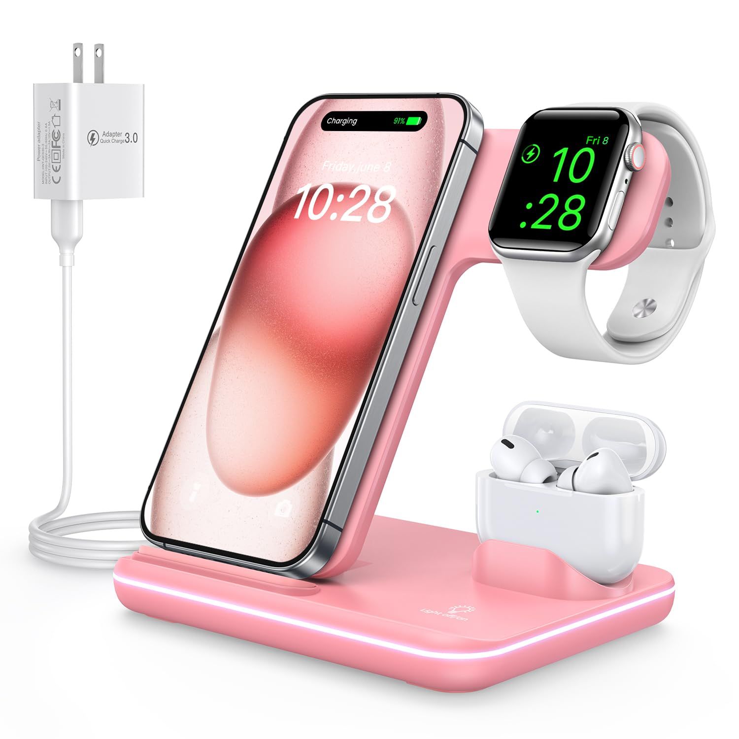 WAITIEE Wireless Charger 3 in 1, 15W Fast Charging Station for Apple Watch 9/8/Ultra 2/Ultra/SE/7/6/5/4/3/2, for AirPods 3/2/1/Pro/Pro 2, for iPhone 15/14/13 /Plus/Pro/Pro Max/12/11/X/Xr/XS/8 (Pink)