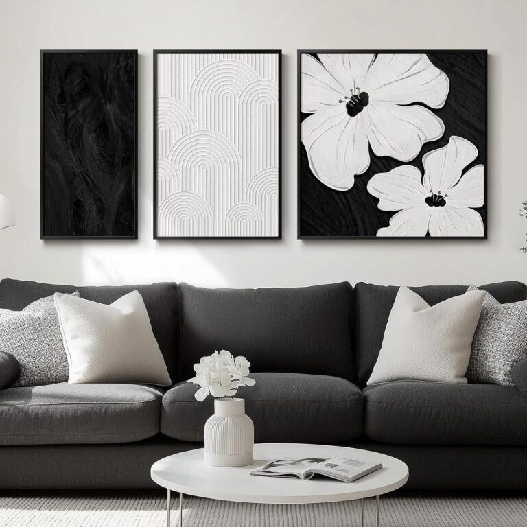 Framed Black and White Flower Abstract Wall Art, Boho Modern